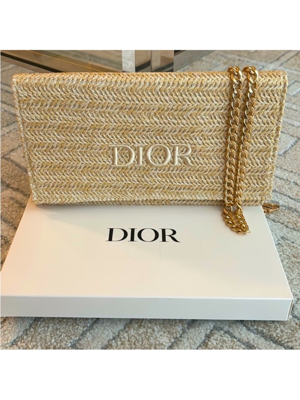 DIOR Tan Beige Woven Chain Bag raffia gold chain purse wristlet clutch LOGO